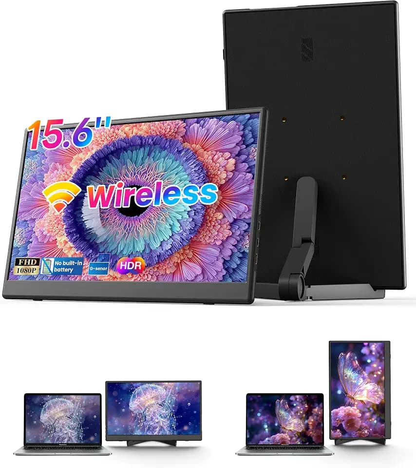 Kabelloser Monitor 15,6 Zoll FHD 1080P IPS mit Stativ Plug and Play