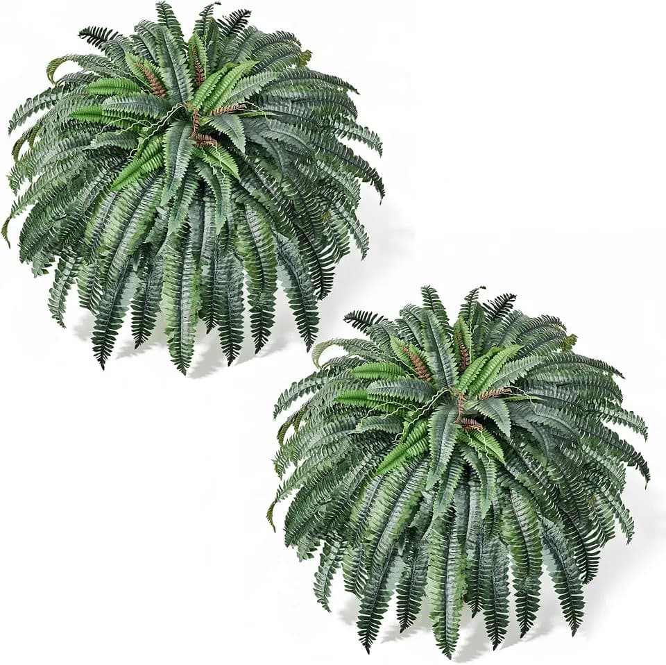 55" Fake Ferns, Set of 2 Artificial Ferns for Outdoors Large, Artificial Boston Ferns with 111 Fronds for Garden Porch Home Spring Decor