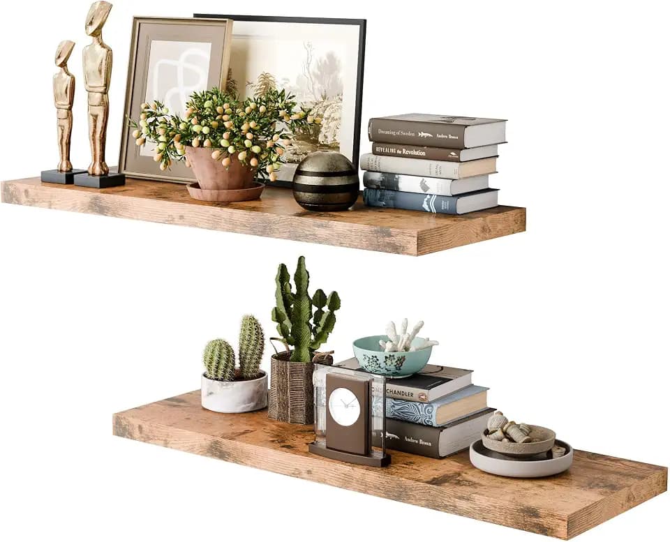 36 Inch Long Floating Shelves for Wall, Rustic Brown 12 Inch Deep Floating Shelves Set of 2, Wall Shelves for Bathroom Over Toilet, Live Edge Display Shelf with Invisible Brackets, Home Decor