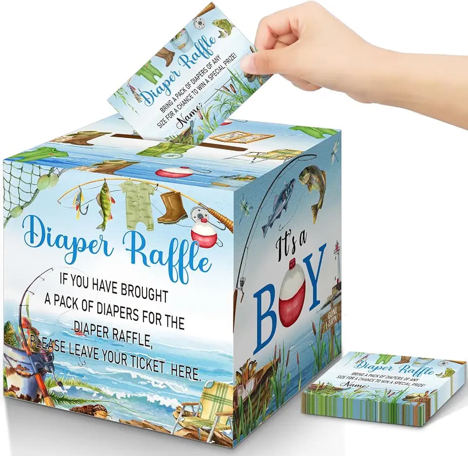 Teling 51 Pieces Diaper Raffle Tickets with Card Box,A Little Fisherman Is on the Way