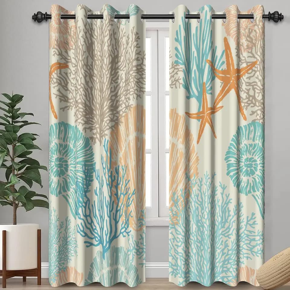 Orange Blue Nautical Curtains,Coral Starfish Print Sea Thermal Insulated Light Blocking Grommet Drapes for Bedroom Living Room Summer Theme Decor,2 Panels,Each W42 xL63