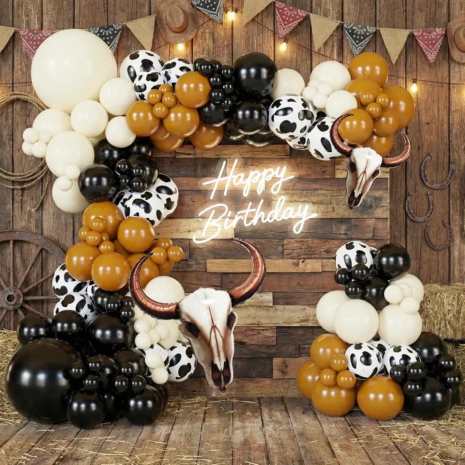 138Pcs Western Balloon Arch Garland Kit with Black Brown White Cow Print Bull Head Balloons for Cowboy Theme Party Backdrop, Boy Rodeo Birthday Decorations, Cow Head Balloon Garland