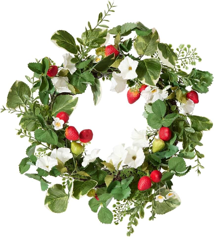 National Tree Company Artificial Spring Wreath, Woven Branch Base, Decorated with Strawberries, Petunia Blooms, Leafy Greens, Spring Collection, 22 Inches