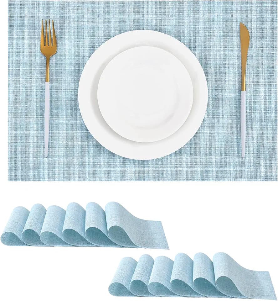 Soft Sky Blue Woven Placemats Set of 12 - Heat Resistant Non-Slip Place mats for Dining Table, Washable Durable PVC Vinyl Woven Table Mats(Sky Blue, 12)