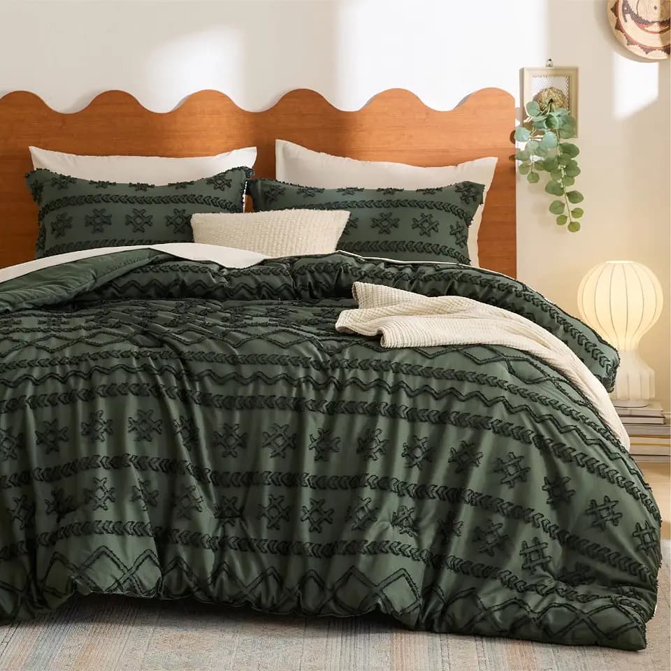 Bedsure Boho Geometric Dark Green Comforter Set, Queen