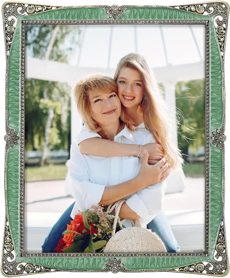 8x10 Vintage Picture Frame with Green Metal Brass Pearl for Wedding Decoration Photo Frame, Clear Glass Front Cover Ornate Antique Art Tabletop Display Unique Gifts, Horizontally & Vertically