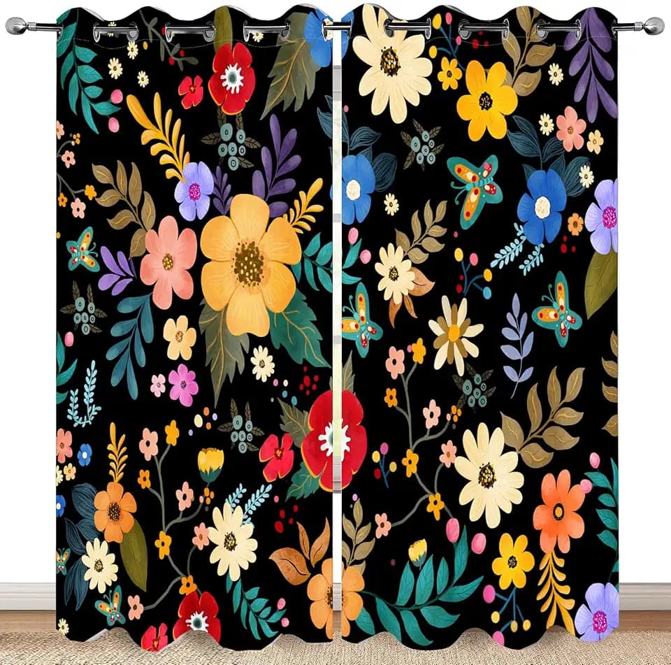 Colorful Flowers Floral Curtains Boho Pile Flowers Halloween Spring Summer Decor Women Girls Wife Mom Kids Bedroom Nursery Kitchen Dining Living Room Darkening Grommet Window Drapes 2 Panels, 52"x84"