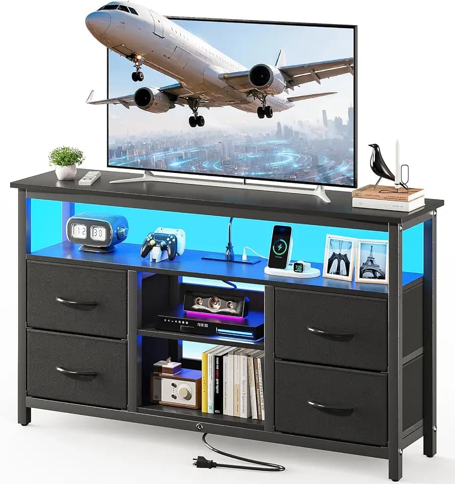 Haewon TV Stand with LED Lights and Power Outlets, for 55 inch TV, Black