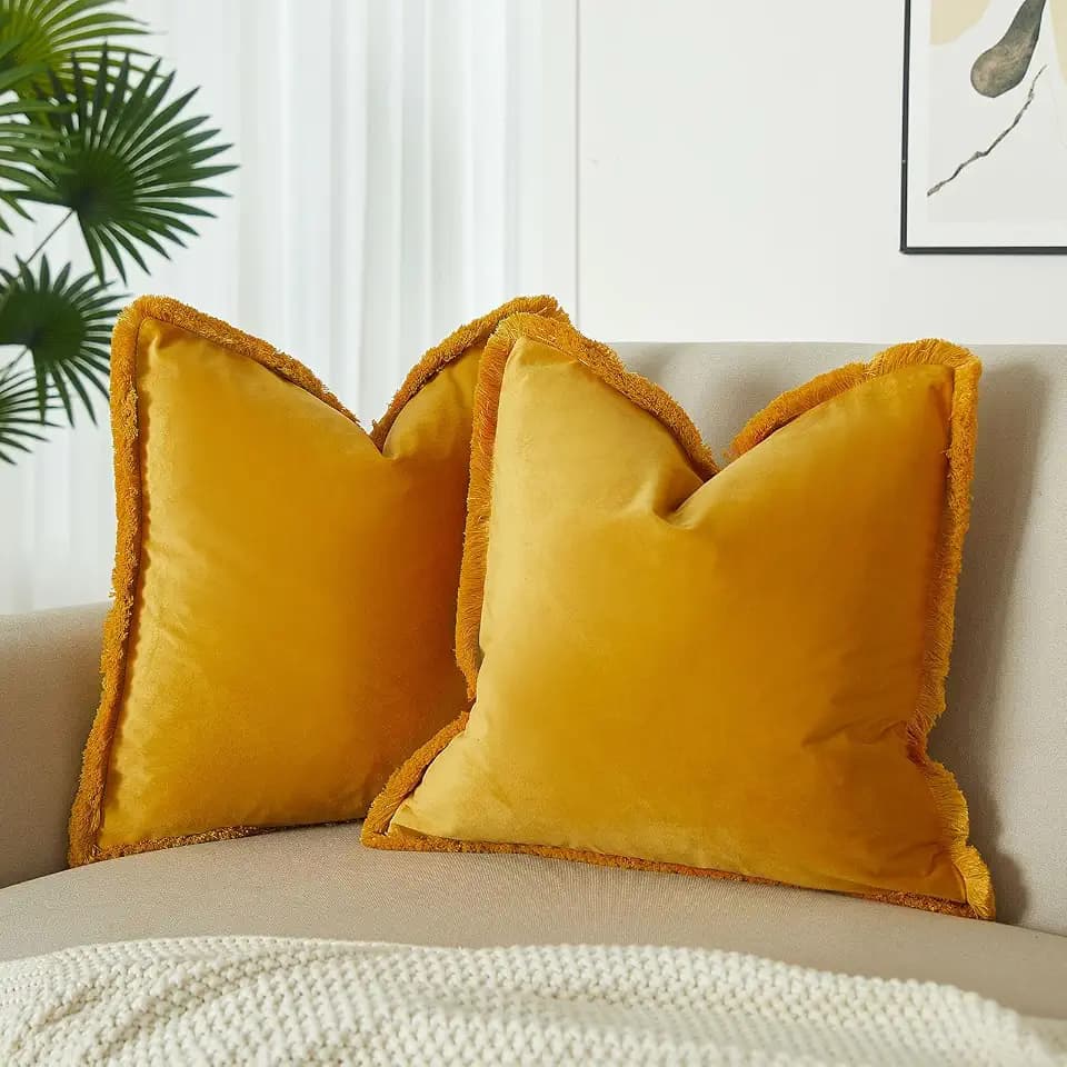 JUSPURBET Gold Velvet Throw Pillow Covers 20x20 Inch Set of 2 with Soft Tassel Fringe Luxury Boho Pillowcase for Sofa Couch Bed Home Decor Machine Washable