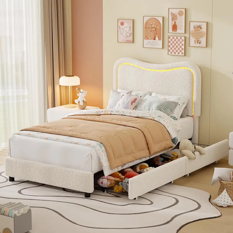 Garvee Boucle Twin Bed Frame with 2 Storage Drawers and LED Lights, Beige