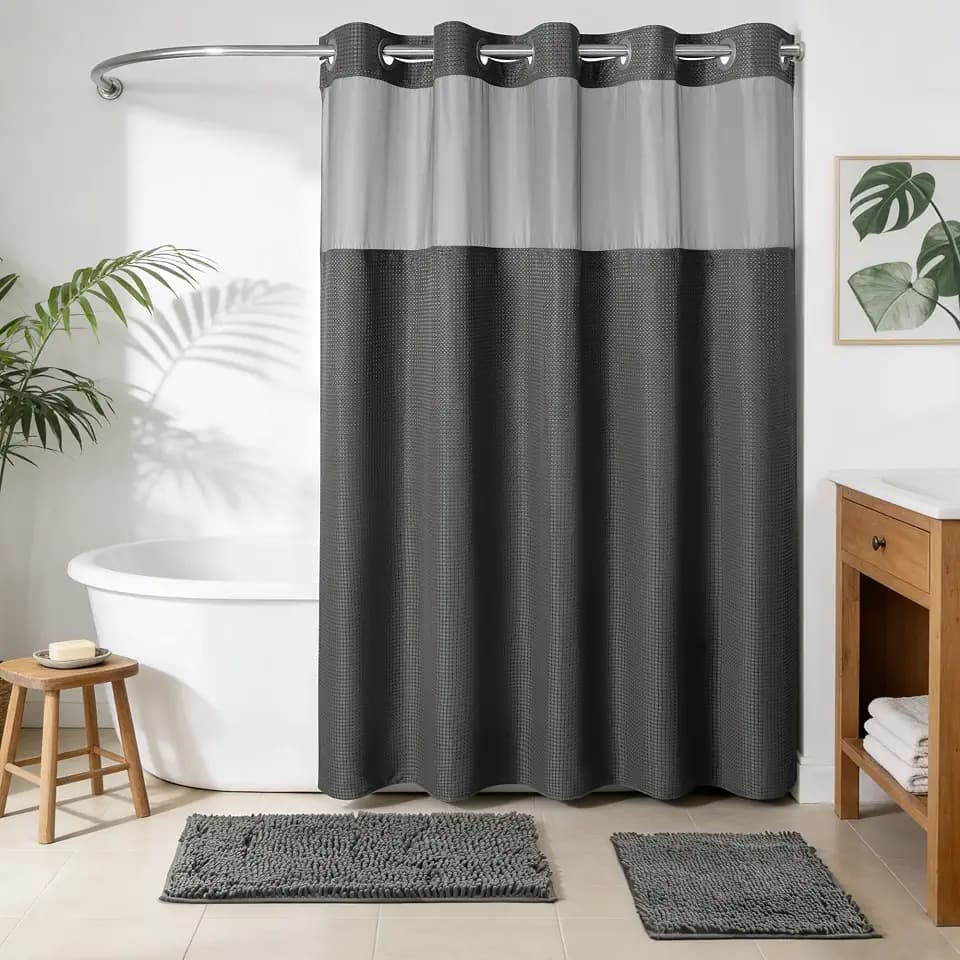 Barossa Design 3 Pcs 71x74 No Hook Shower Curtain Set with Bath Rugs Grey