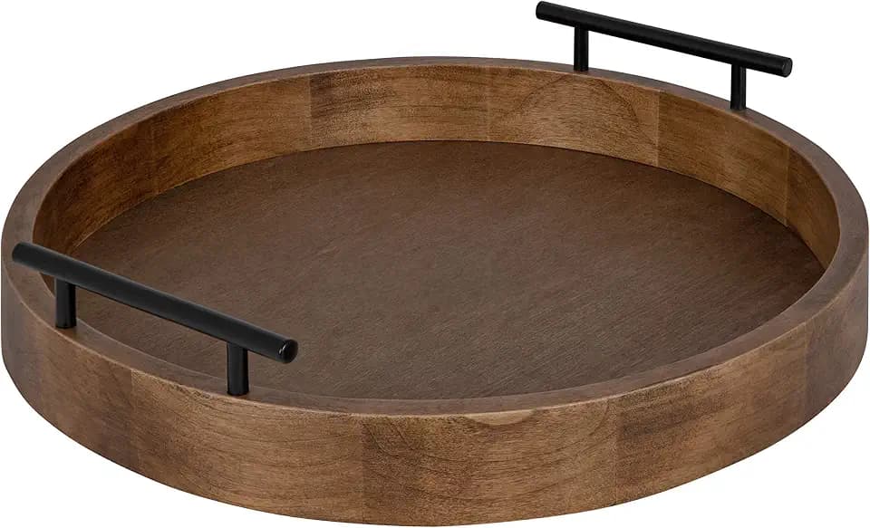 Kate and Laurel Lipton Modern Round Wood Decorative Tray, 18" Diameter, Rustic Brown and Black, Decorative Accent Tray for Storage and Display
