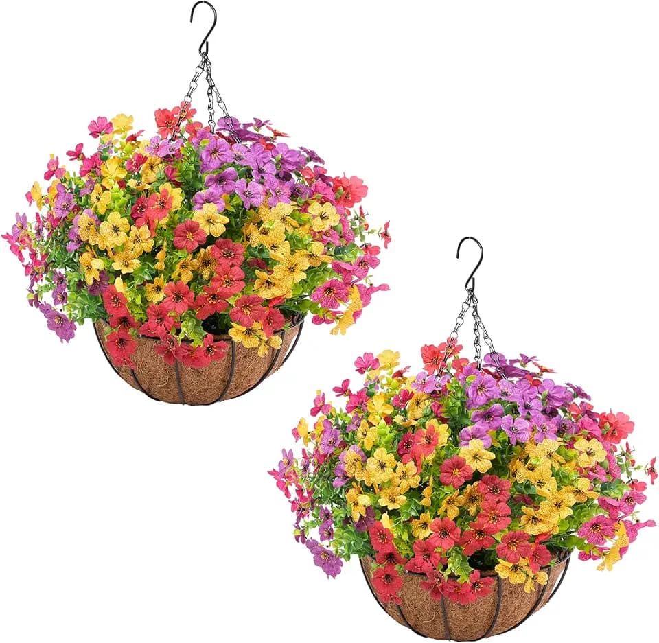 2 Set Artificial Flowers Faux Hanging Plants Basket for Spring Summer Outdoor Outside Decoration, Fake Silk UV Sun Resistant Daisy Eucalyptus for Porch Home Patio Balcony Yard Decor