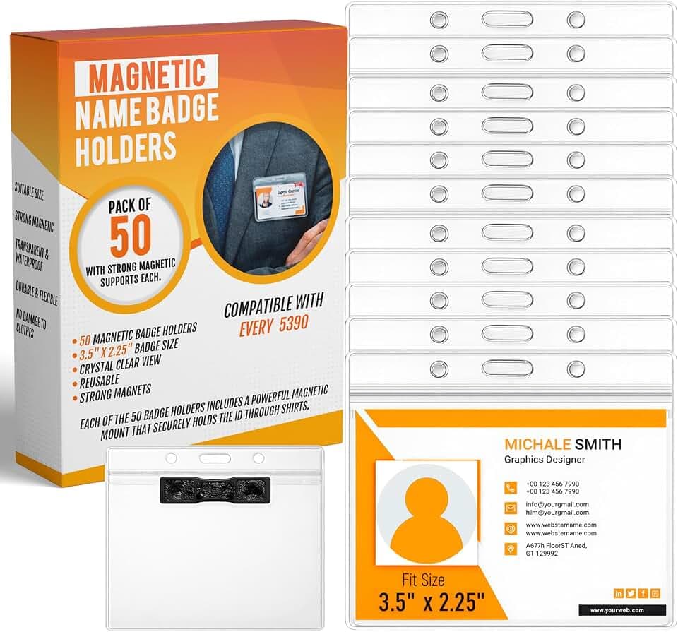 3.5"x2.25" Magnetic Name Badge Holders 50 Pack – Horizontal ID Card Holders with Strong Magnets, No Pin, Reusable PVC Name Tags for Office, School, Hospital & Events