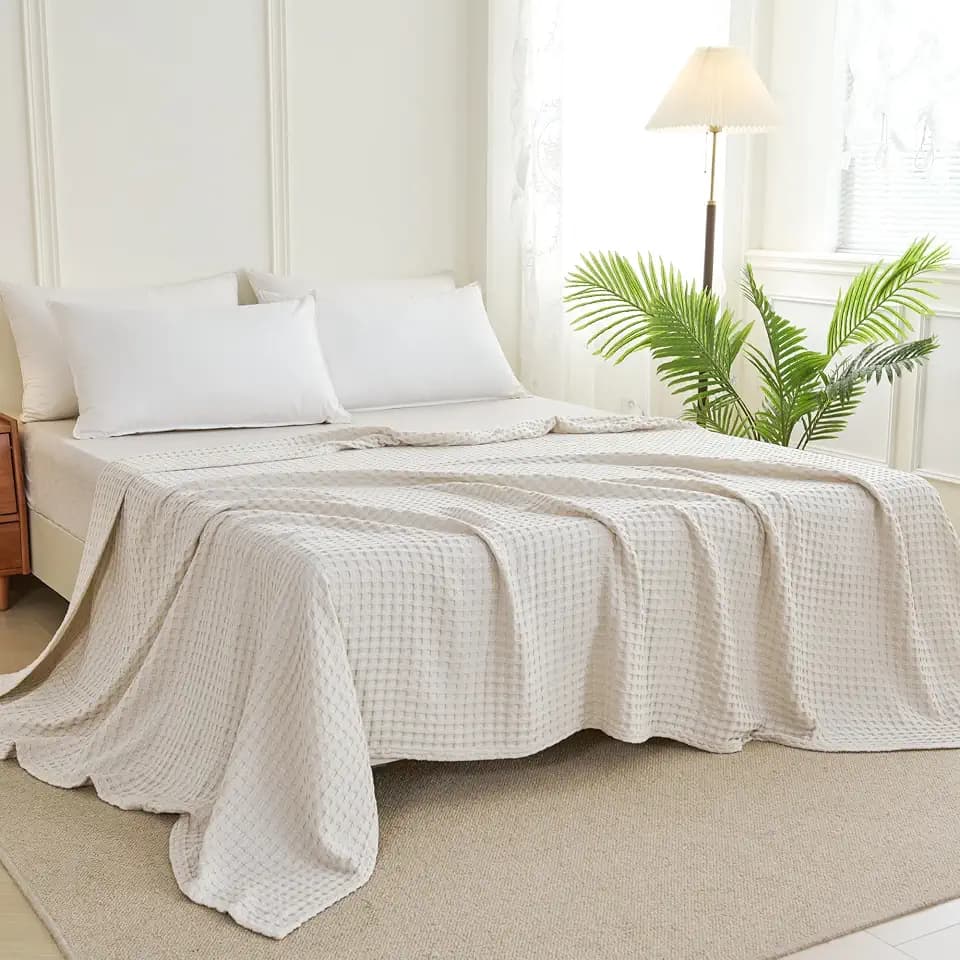 Aganear Cooling Blanket Queen Size,Waffle Weave 90x90 Inches, Beige