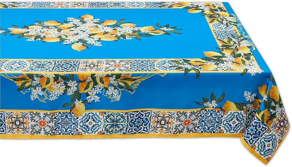 YiHomer Provence Blue Lemon Mediterranean Tile Tabletop for Spring Summer Decorations, Picnics and Dinner Parties - Indoor Outdoor, Stain and Water Resistant, Tablecloth, 60 x 120 Rectangle