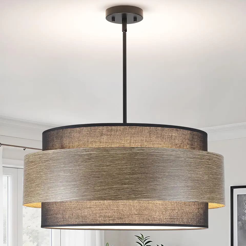 Luupyia 20 Inches Black Drum Chandelier, 5Lights Metal and Fabric Shade Farmhouse Drum Pendant Light Large Rustic Chandelier, Height Adjustable Black Farmhouse Chandeliers for Bedroom Dining Room E26