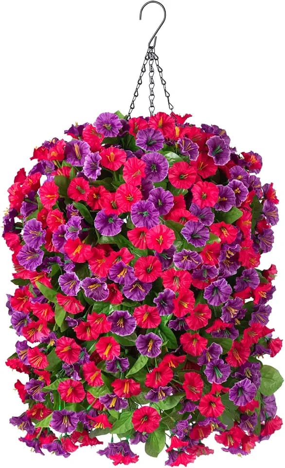 Artificial Flowers with Hanging Basket, Outdoor Faux Plants UV Resistant
