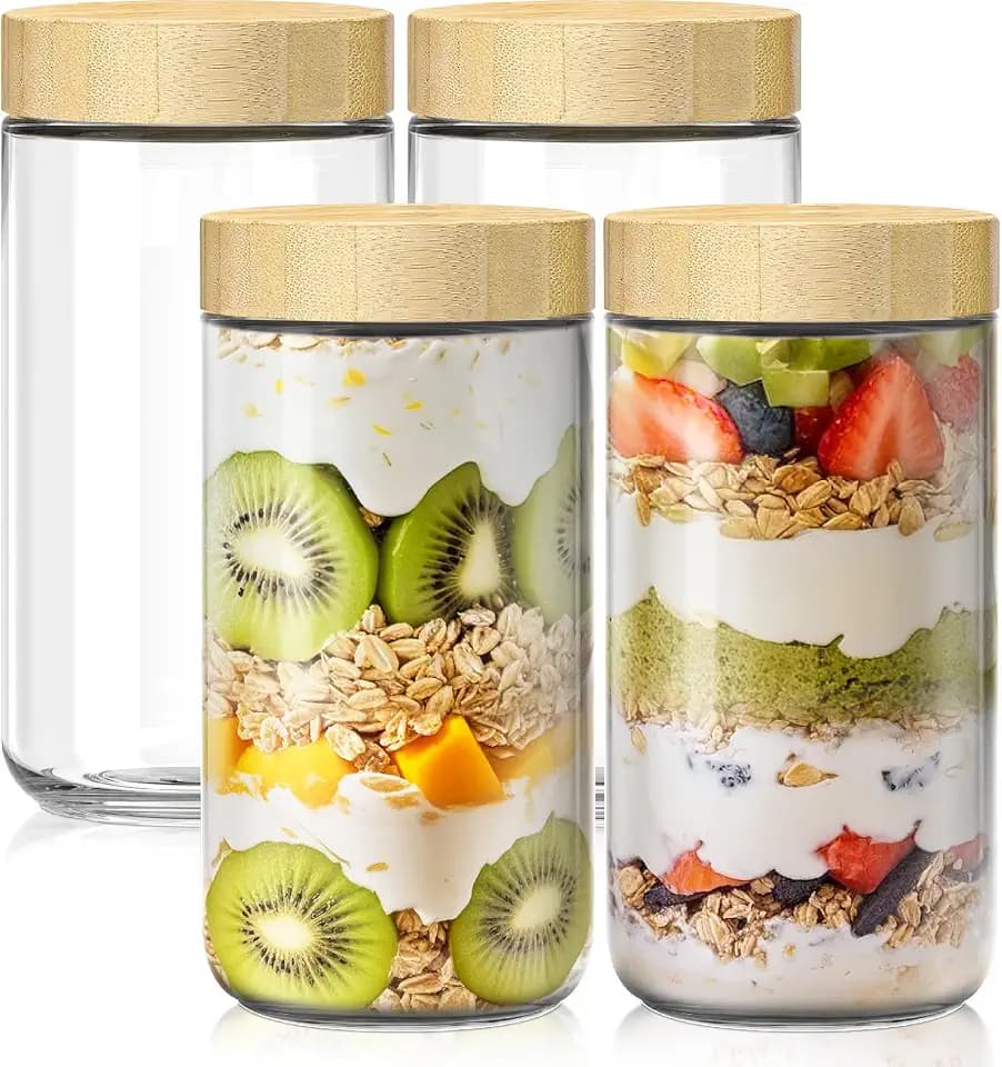 24 oz Glass Overnight Oats Containers, Mason Jars with Bamboo Lids, 4 Pack