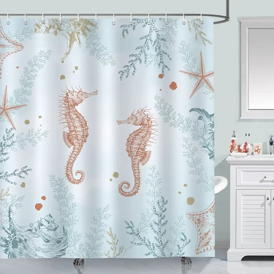 Bonhause Ocean Seahorse Shower Curtain for Bathroom, Blue, 72x72 Inch