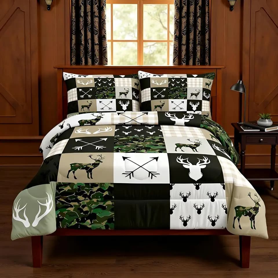 Camo Deer Antlers Kids Comforter Set Twin Size,Wildlife Arrows Geometric Plaids Patchwork Bedding Set,Girls Boys Adults Cabin Decor,Rustic Adventure Down Comforter,Camo Duvet Insert,2pcs,1 Pillowcase