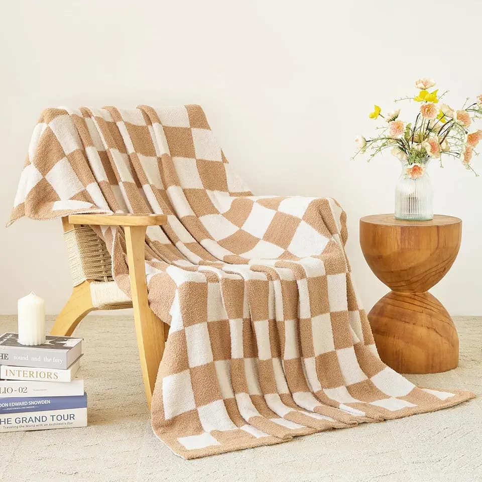 Checkered Throw Blanket for Couch Bed, Beige, Twin 60"x80"