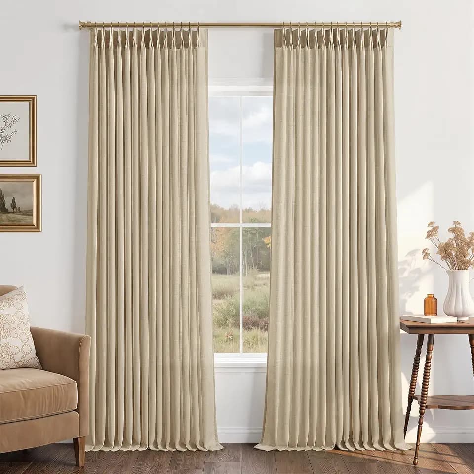 Pinch Pleated 108 Inches Long Linen Drapes for Living Room, Tall Privacy Natural Beige Cream 9 ft Curtains Flax Pleat Curtain Back Tab Neutral Ceiling Floor 108 Inch Bedroom 2 Panels