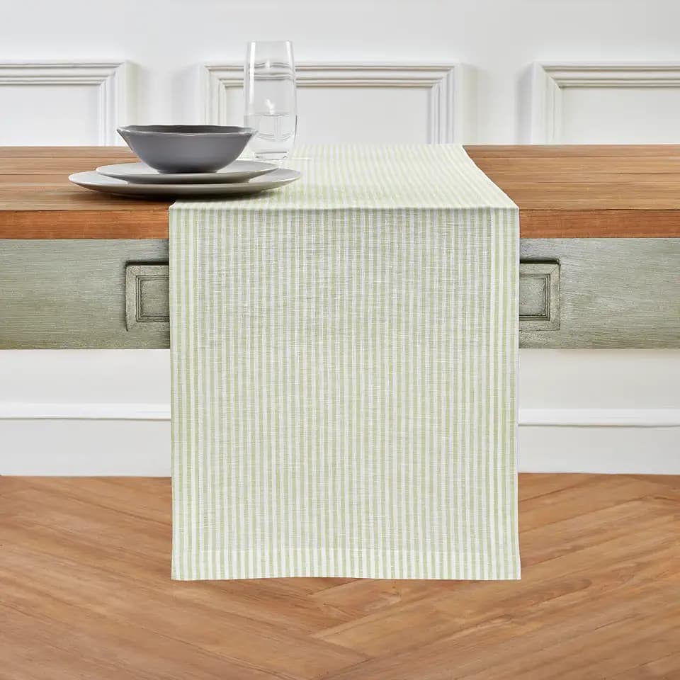 Solino Home 100% Pure Linen Table Runner, 14 x 90 in, Sage and White Stripe