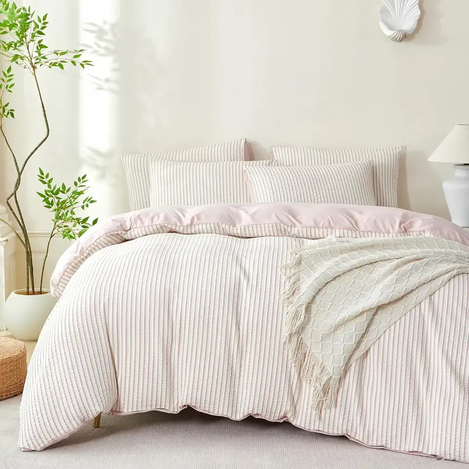 Duvet Cover King Striped Dusty Pink Washed Microfiber Jacquard 3 Pieces King Striped Bedding Sets, with Zipper Closure & Corner Ties, Lightweight Soft Comfort Breathable (No Comforter)