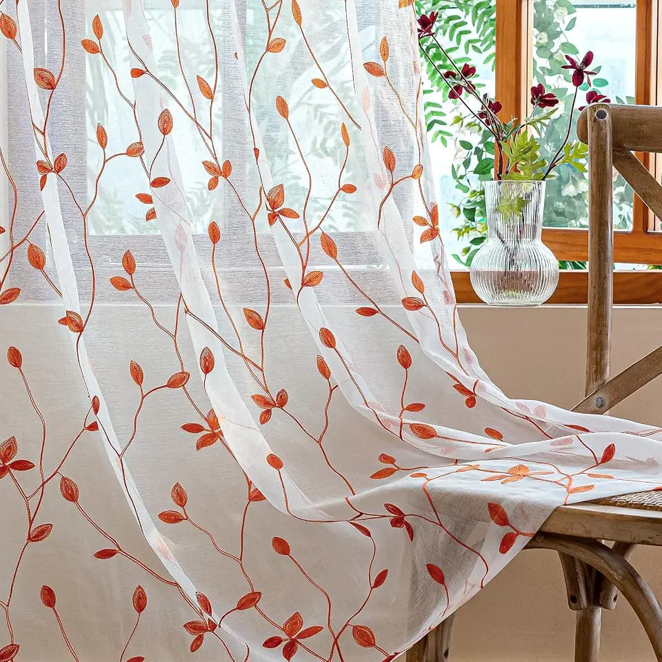 AmHoo 2 Panels Embroidered Leaf Pattern Semi Sheer Curtains Foliage Floral Voile Window Draperies Treatment for Bedroom Living Room Rod Pocket White Burnt Orange 53 x 63 Inch