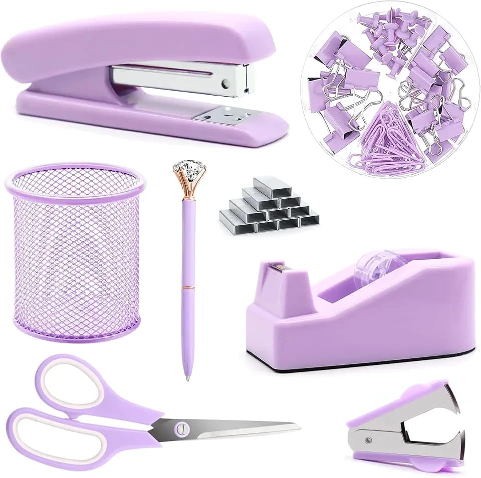 Purple Desk Accessories, Purple Office Supplies, Stapler, Staple Remover, Tape Holder, Pen Holder, Ballpoint Pen, Scissor, Binder Clips, Paper Clips and 1000pcs Staples.