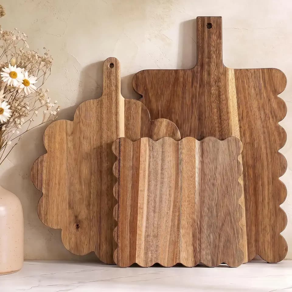 3 Pcs Scalloped Cutting Board Wood Set, Acacia Wood Decorative Serving Board for Kitchen Decor, Large Wavy Edge Charcuterie Board for Cottagecore Kitchen Farmhouse Decor