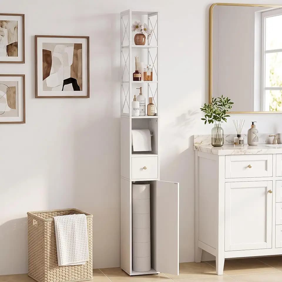 VECELO 67" Tall Slim Bathroom Storage Cabinet, Freestanding Narrow Cabinet with X‑Shaped Metal Frame, Toilet Paper Holder, Magnetic Door & Drawer for Small Spaces, Warm White