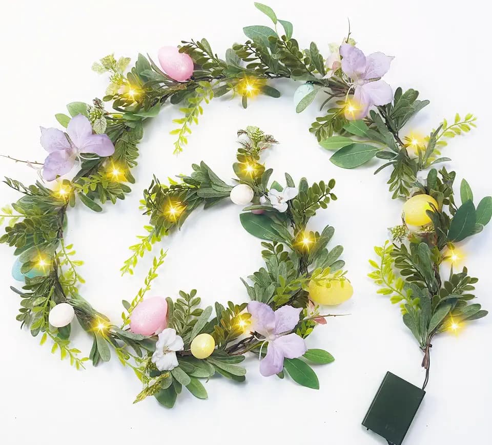 Easter Egg Garland with Lights, 6FT Spring Floral Garland Battery Operated with Timer, Artificial Greenery Flower Butterfly for Mantle Fireplace Summer Outdoor Decor