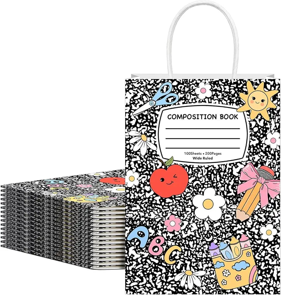 Gueevin 12 Pcs Composition Notebook Back to School Gift Bags Composition Pattern Bulk Teacher Appreciation Gift Bags with Handles First Day of School Classroom Decor Preschool Party Favors
