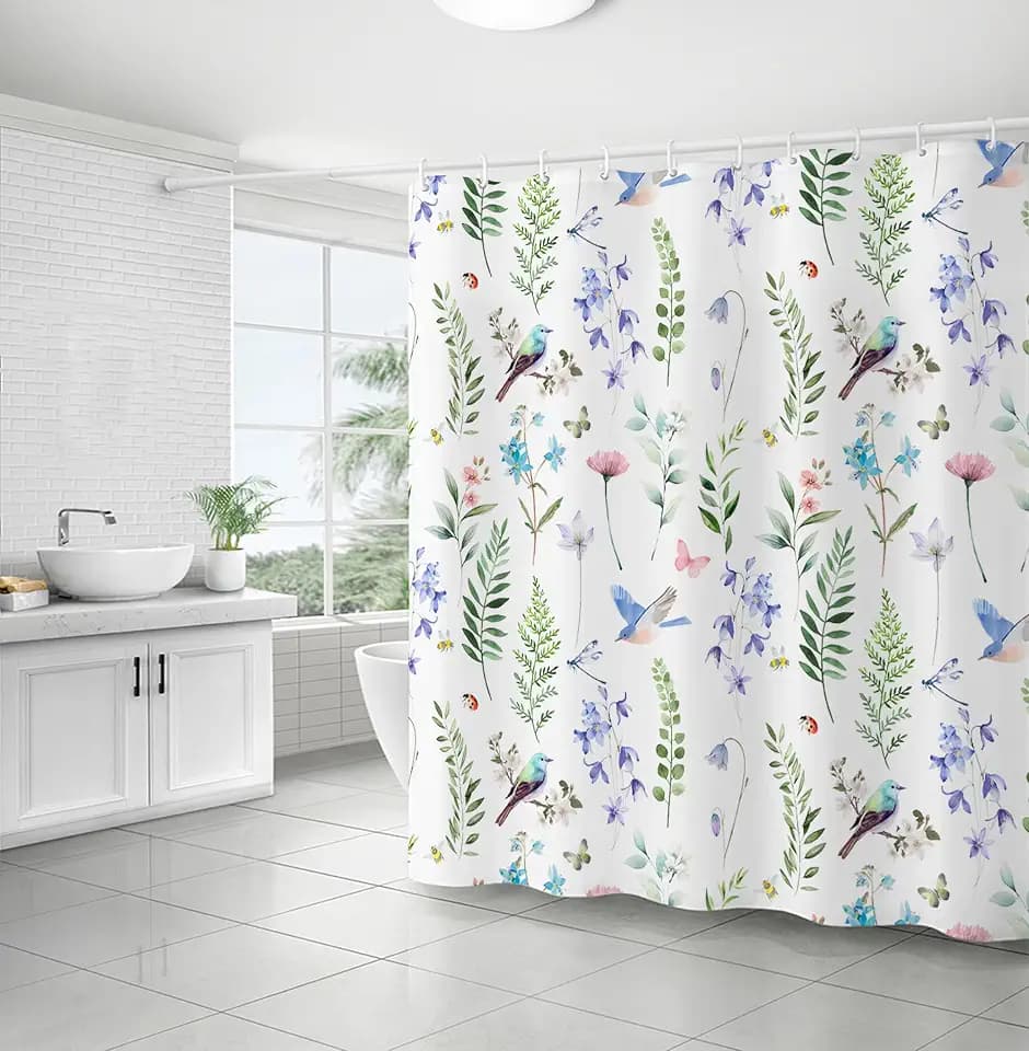 Watercolor Bird & Plant Shower Curtain 72x72 Waterproof with Hooks