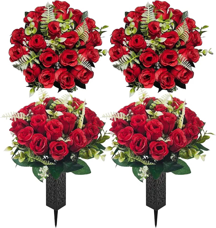 Mirevielyn 2-Pack 18-Stem Artificial Rose Cemetery Flowers with Vases