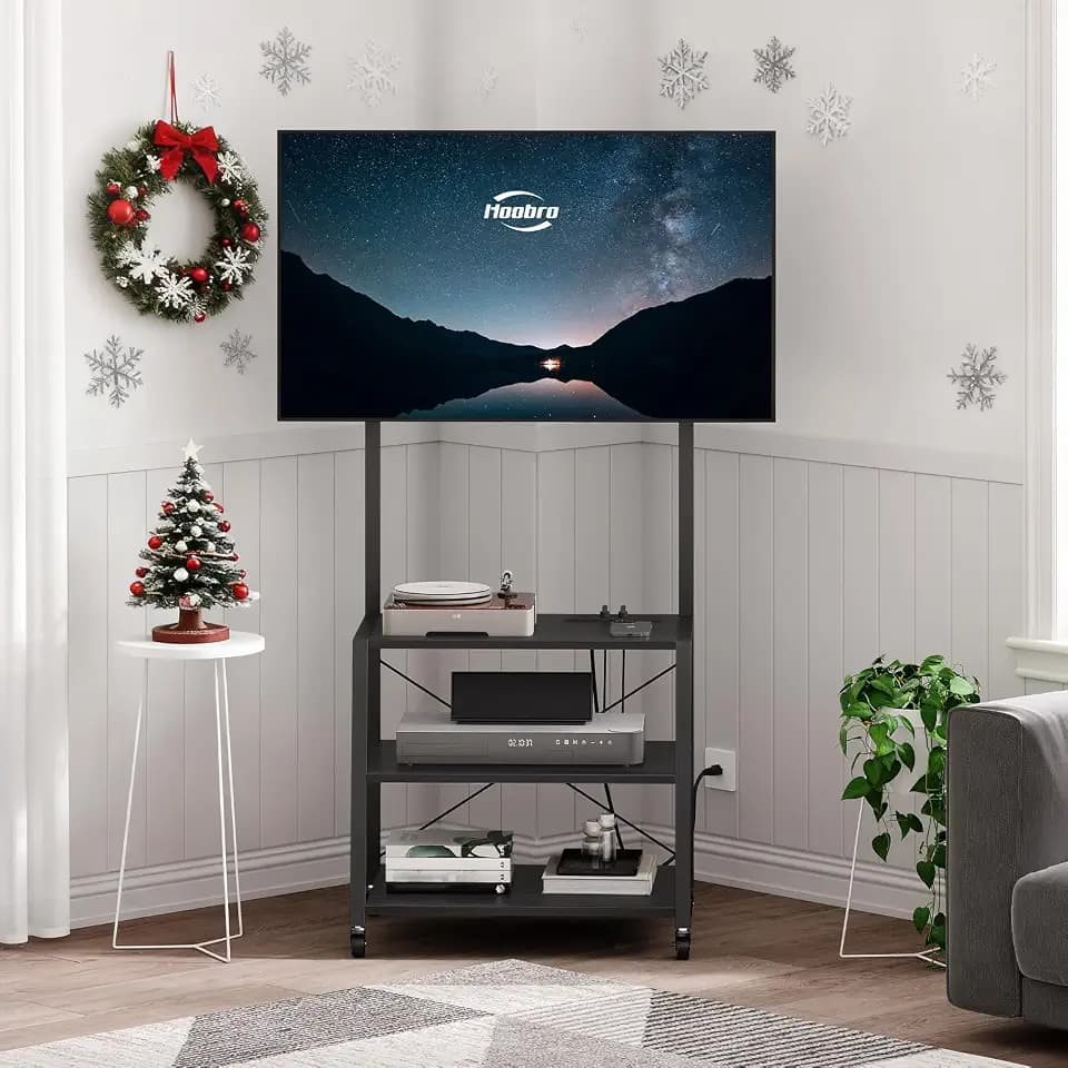 HOOBRO Rolling TV Stand with Mount and Power Outlet Up to 55 inch TVs, Corner Entertainment Center, Small TV Stand with 3-Tier Storage Shelves for Living Room, Bedroom, Black BB66UDS01