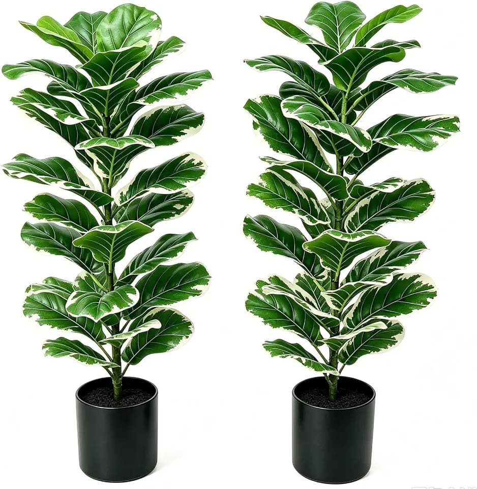Set of 2 Fiddle Leaf Fig Tree 40'' Fake Tree Plants Artificial Decor with Green Artificial Turf Artificial Indoor Plants Small Fake Plants for Office Bathroom Bedroom Living Room(Variegated)