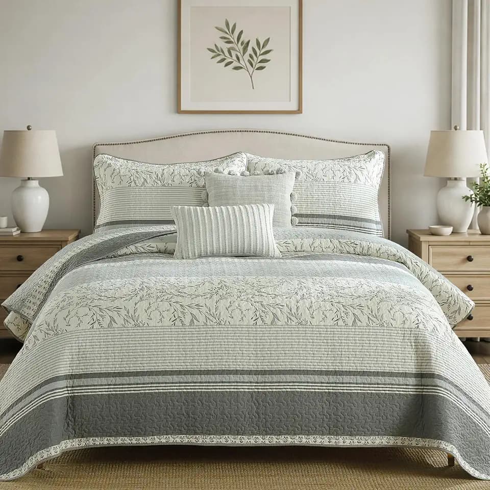 Quilt Queen Size, Gray White Vintage Floral Design Quilt Set