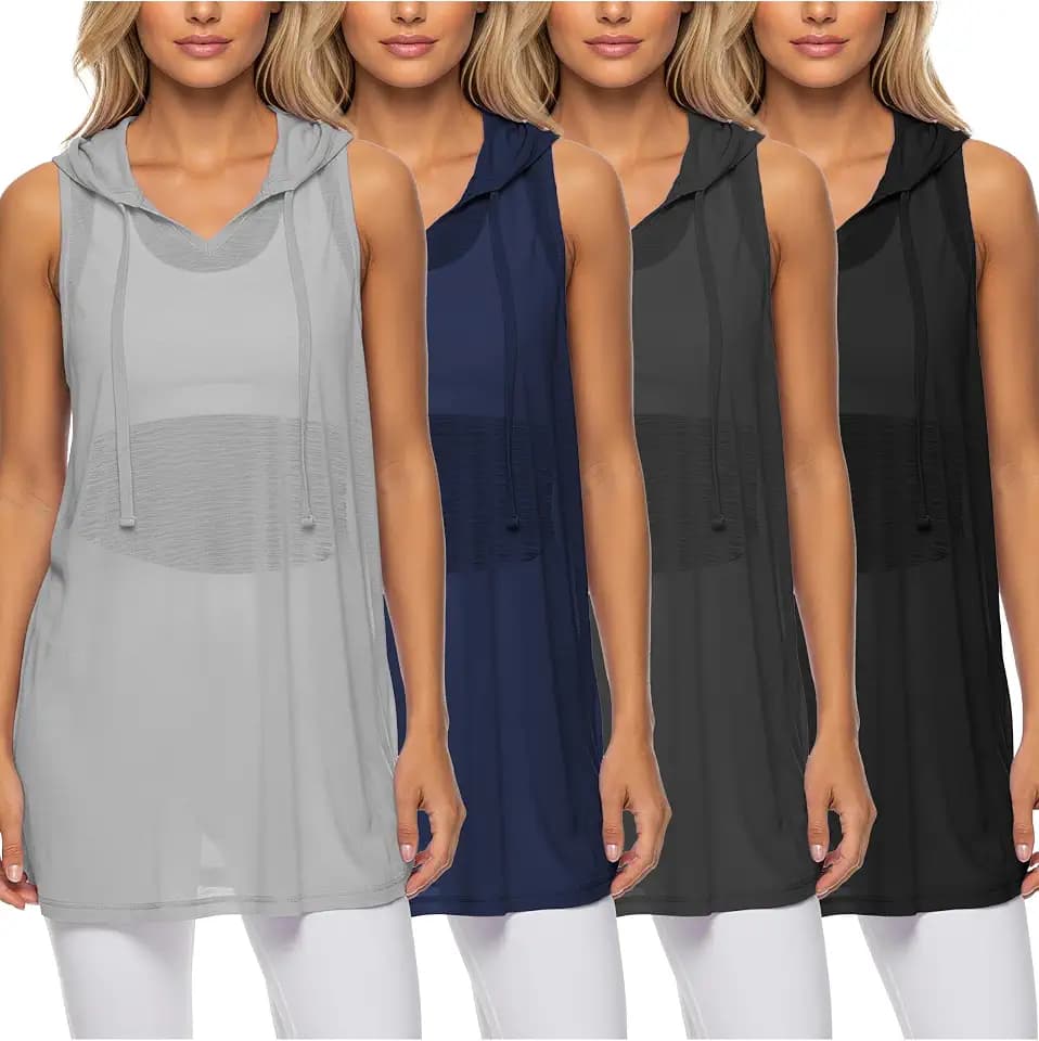 Sexy Basics Women's Workout Hoodie |Semi Sheer Sleeveless V Neck Cover Up Tank Tops |Multi Packs