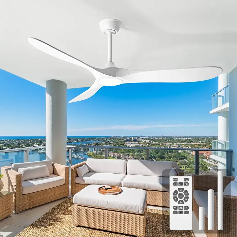 60'' Ceiling Fans with Lights and Remote, Wood Outdoor Ceiling Fan with 6 Speed Noiseless DC Motor, Indoor Modern 3 Blade Propeller Ceiling Fan for Bedroom Living Room Gazebo Patio (White)