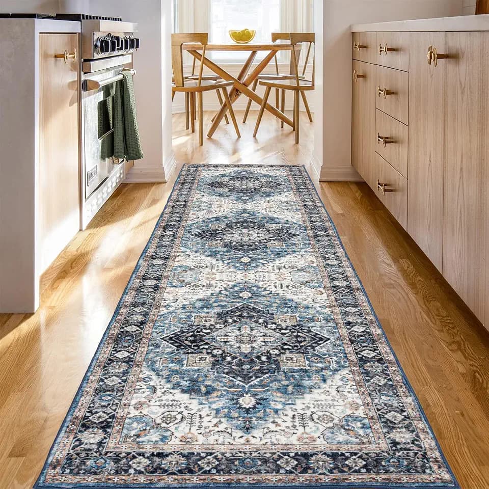 Runner Rug 2×8, Vintage Boho Rug,Ultra-Soft Low Pile, Washable, Non Slip,Stain Resistant Printed Carpet for Hallway Kitchen Living Room Bedrooms Playroom Office, Blue/Navy