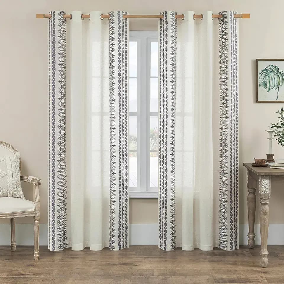 FOLKSIDE Grey Boho Curtains 90 Inches Long for Living Room Bedroom 2 Panels Grommet Vintage Linen Curtains Striped Embroidery Flax Country Rustic Neutral Window Decor for French Doorway Villa, 52x90