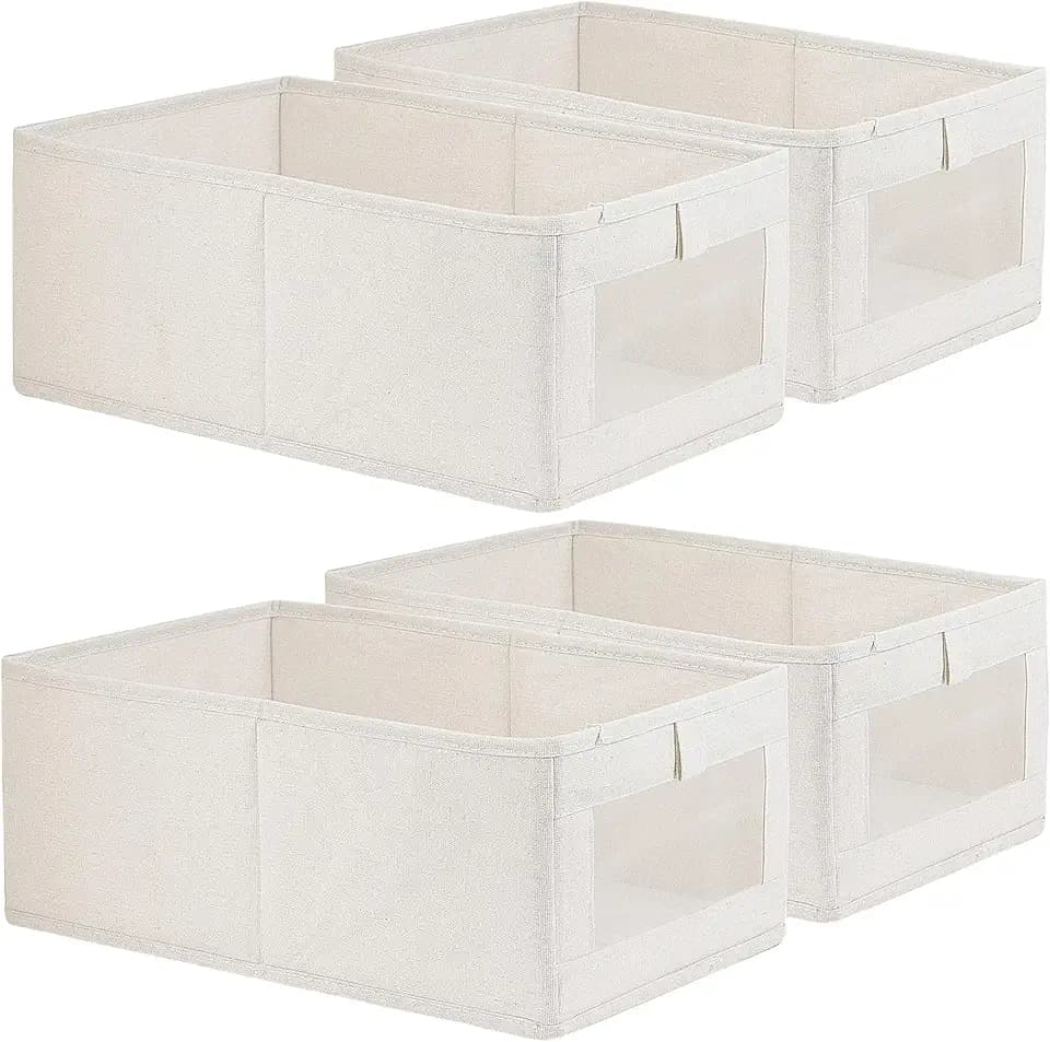 Fordonral 4 Pack Linen Storage Bins, Storage Containers for Organizing Clothing, Jeans, Toys, Books, Shelves, Closet, Wardrobe - Closet Organizers and Storage, Large Storage Boxes Baskets with Window