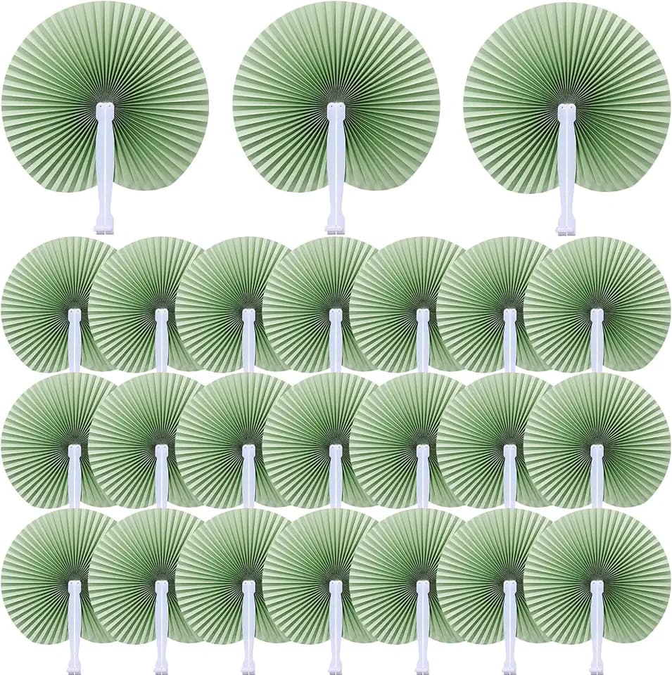 Pangda 60 Pack Folding Fans Round Paper Fans Assortment with Plastic Handle for Wedding Favor Party Bag Filler (Sage Green)