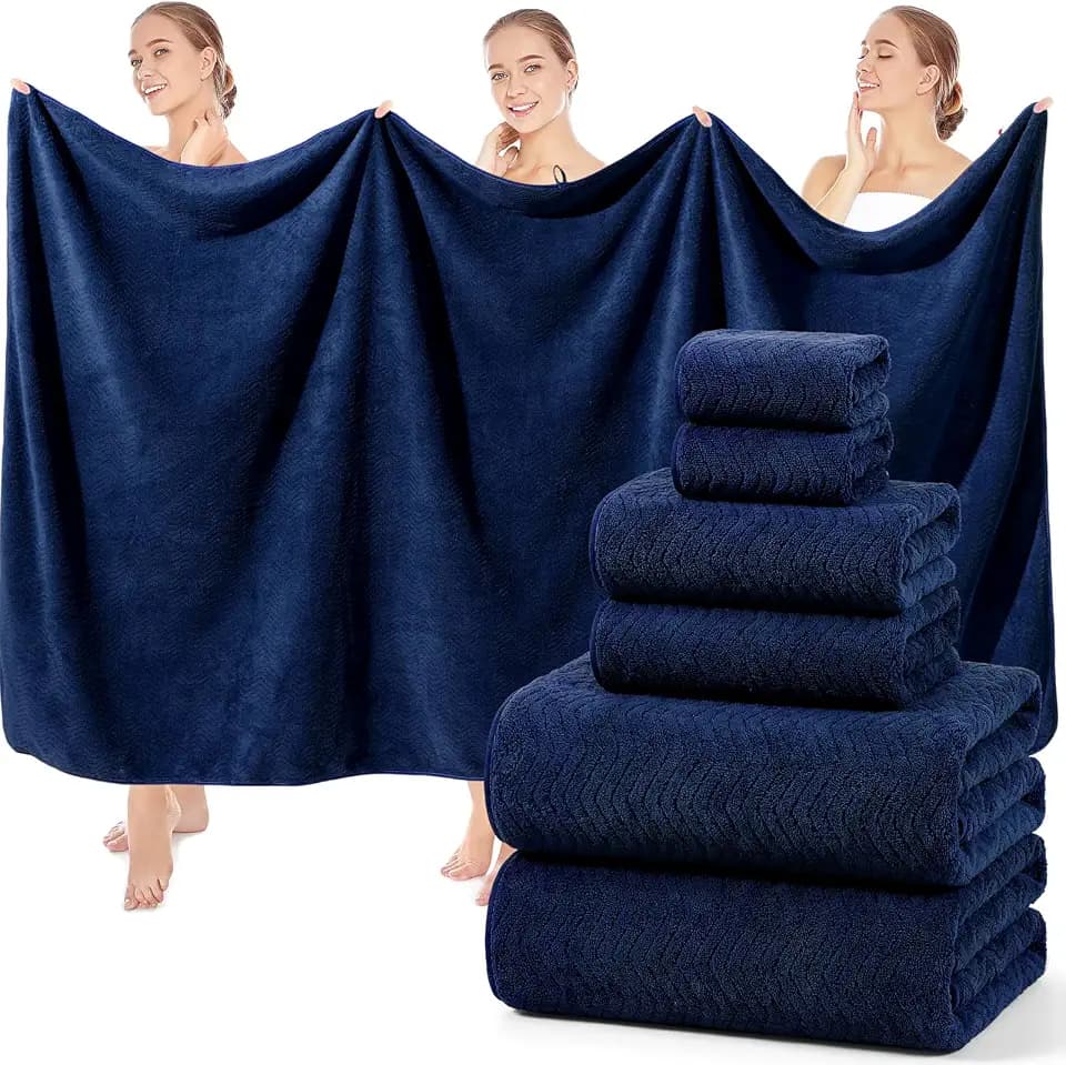 Set of 6 Oversized Bath Towel 40 x 80 Inches Jumbo Bath Sheet Absorbent Microfibers Quick Dry Towel Set with 2 Extra Large Shower Towels 2 Hand Towels 2 Washcloths for Bathroom Spa Gym(Navy Blue)