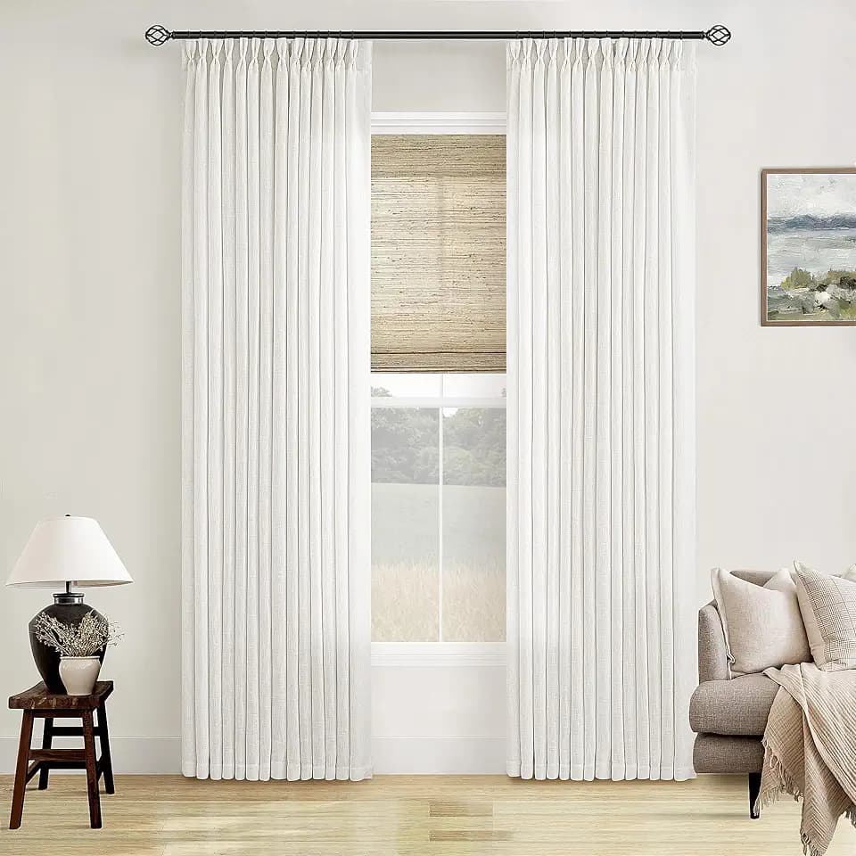 TWODRAPES Beige White Linen Curtains Pinch Pleated 84 Inches Long 2 Panels