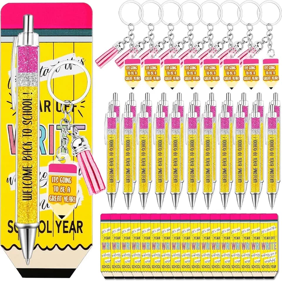 24 Set Back to School Gifts for Students Bulk Welcome First Day of School Student Teacher Gifts with Ballpoint Pens Keychains and Cards for Classroom Rewards Party Favors
