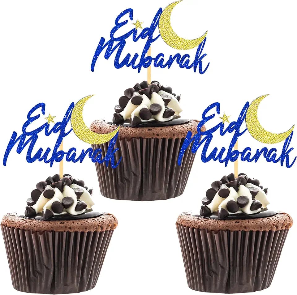 24 Pcs Eid Mubarak Cupcake Toppers for Eid Islamic Muslim Party Cake Decorations (Blue)